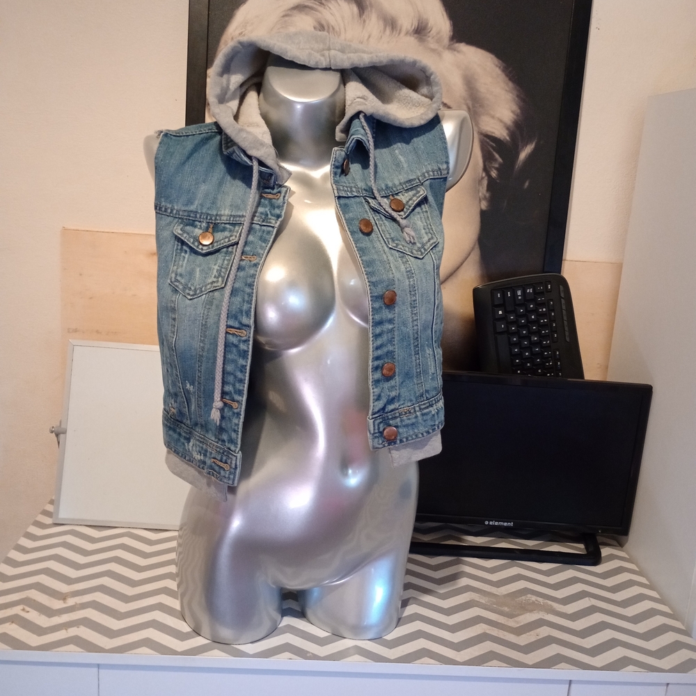 La Hearts Blue Denim Vest with Gray Hood